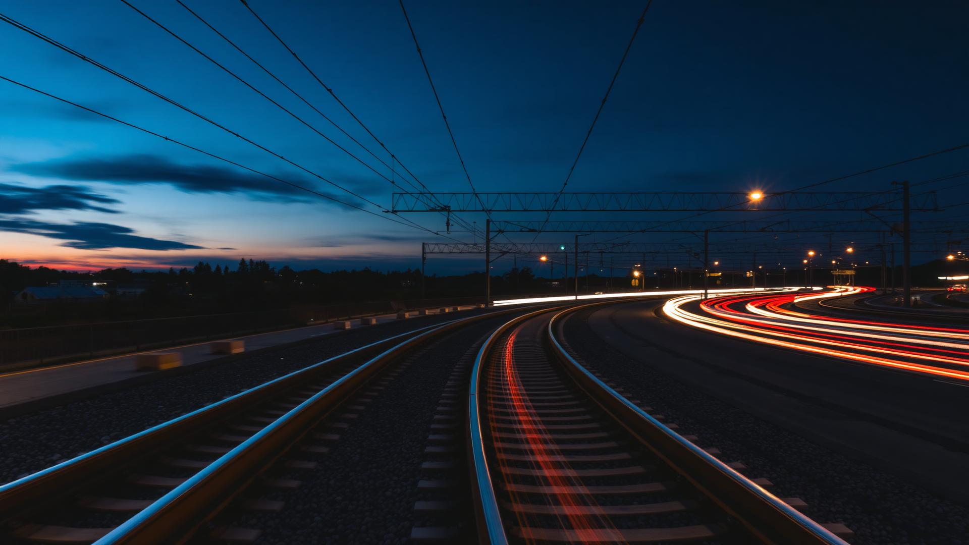 Railway tracks at dusk with train light trails