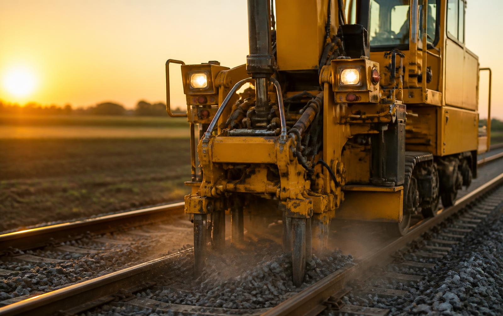 Unbranded railway tamping machine consolidating ballast on track at sunset
